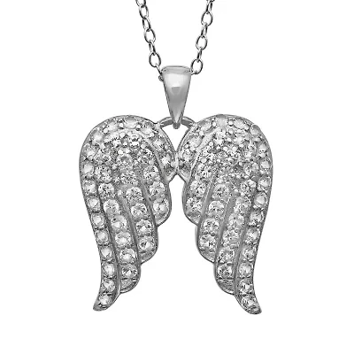 Womens Lab Created White Sapphire Sterling Silver Angel Wing 18 Inch Pendant Necklace
