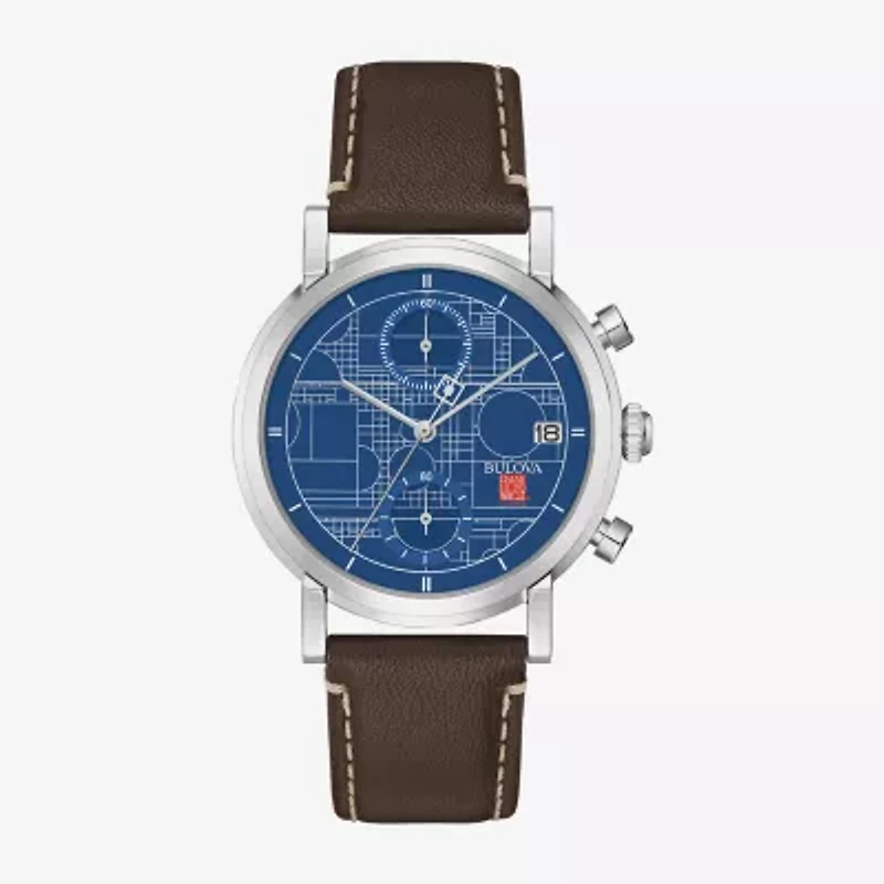 Bulova Frank Lloyd Wright Blueprint Mens Chronograph Brown Leather Strap Watch 96b367