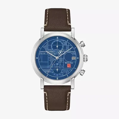 Bulova Frank Lloyd Wright Blueprint Mens Chronograph Brown Leather Strap Watch 96b367