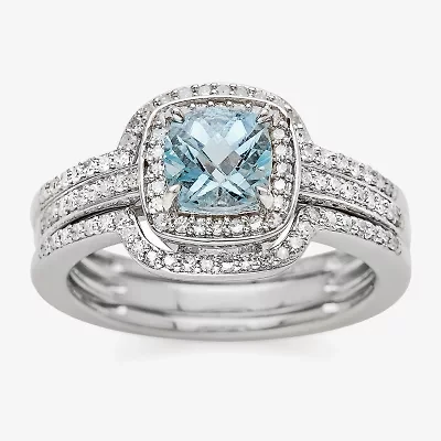 Genuine Aquamarine and 3/8 CT. T.W. Diamond Sterling Silver Ring