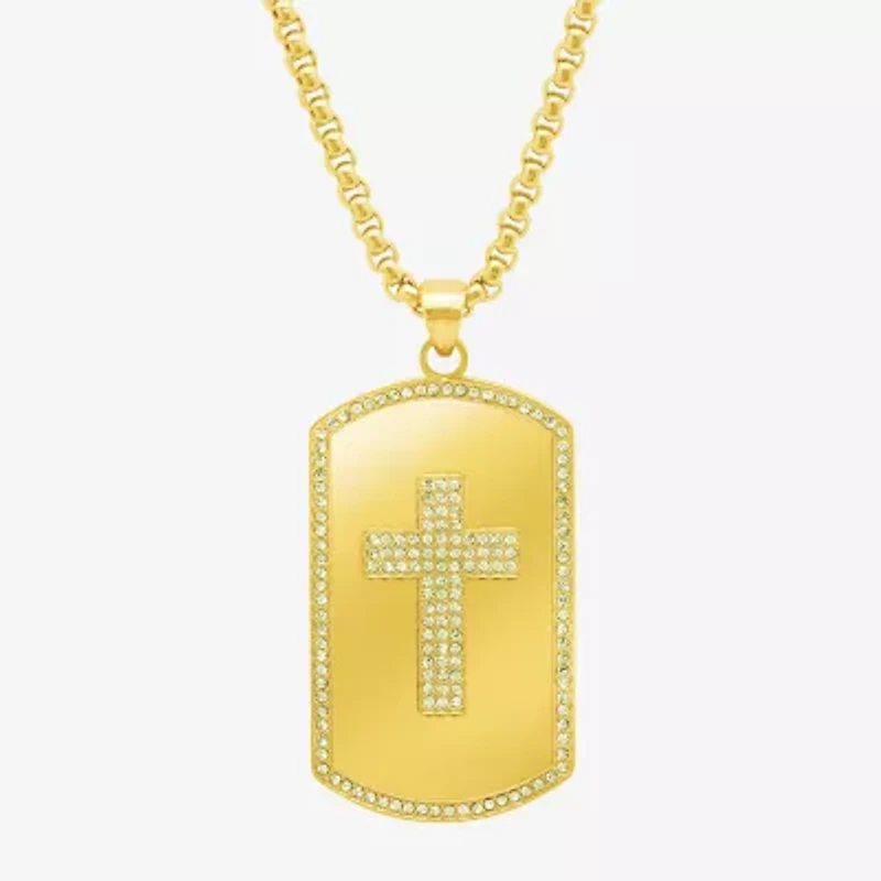 Mens White Cubic Zirconia 18K Gold over Stainless Steel Pendant Necklace