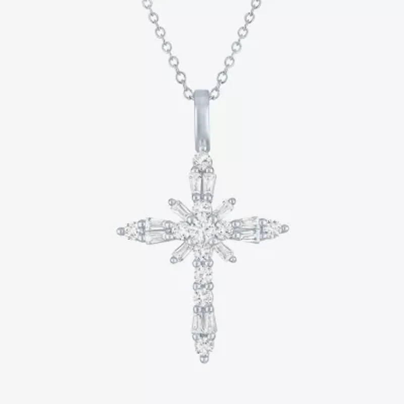 Yes Womens Lab Created White Sapphire Sterling Silver Cross 18 Inch Pendant Necklace