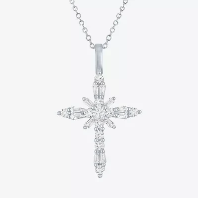 Yes Womens Lab Created White Sapphire Sterling Silver Cross 18 Inch Pendant Necklace
