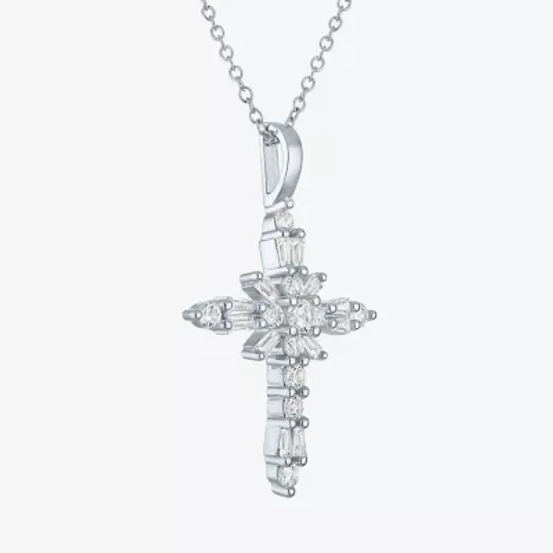 Yes Womens Lab Created White Sapphire Sterling Silver Cross 18 Inch Pendant Necklace