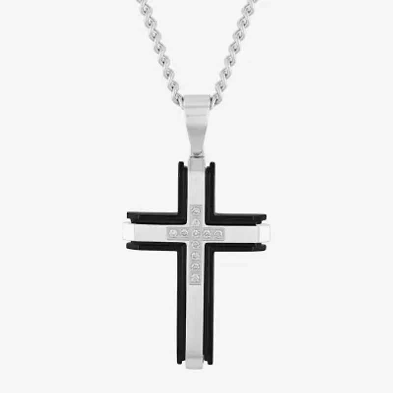 (G-H / I1) Mens 1/5 CT. Lab Grown White Diamond Stainless Steel Cross 24 Inch Pendant Necklace