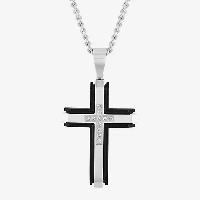 (G-H / I1) Mens 1/5 CT. Lab Grown White Diamond Stainless Steel Cross 24 Inch Pendant Necklace