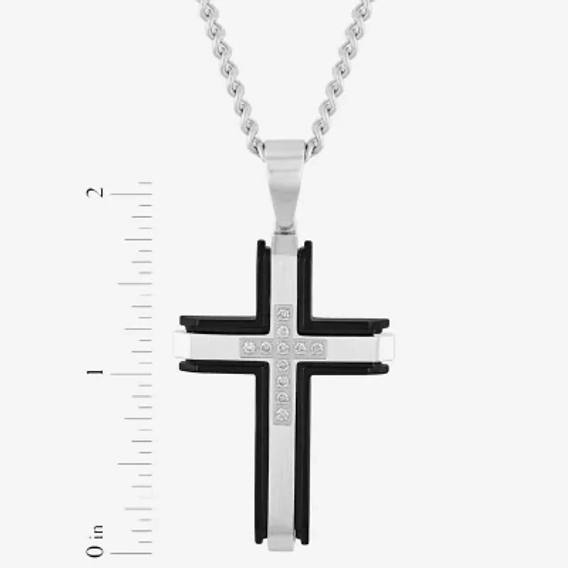 (G-H / I1) Mens 1/5 CT. Lab Grown White Diamond Stainless Steel Cross 24 Inch Pendant Necklace
