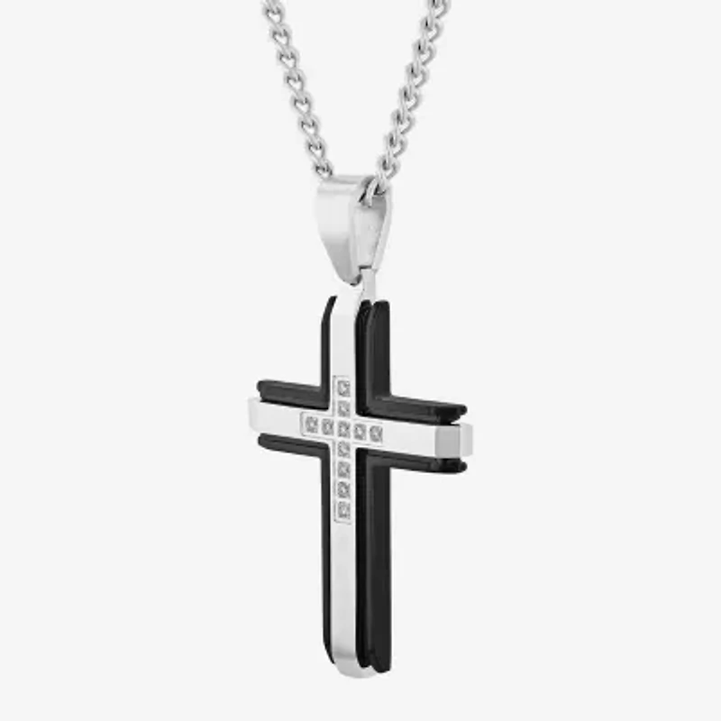 (G-H / I1) Mens 1/5 CT. Lab Grown White Diamond Stainless Steel Cross 24 Inch Pendant Necklace