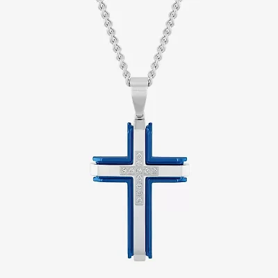 (G-H / I1) Mens 1/5 CT. Lab Grown White Diamond Stainless Steel Cross 24 Inch Pendant Necklace