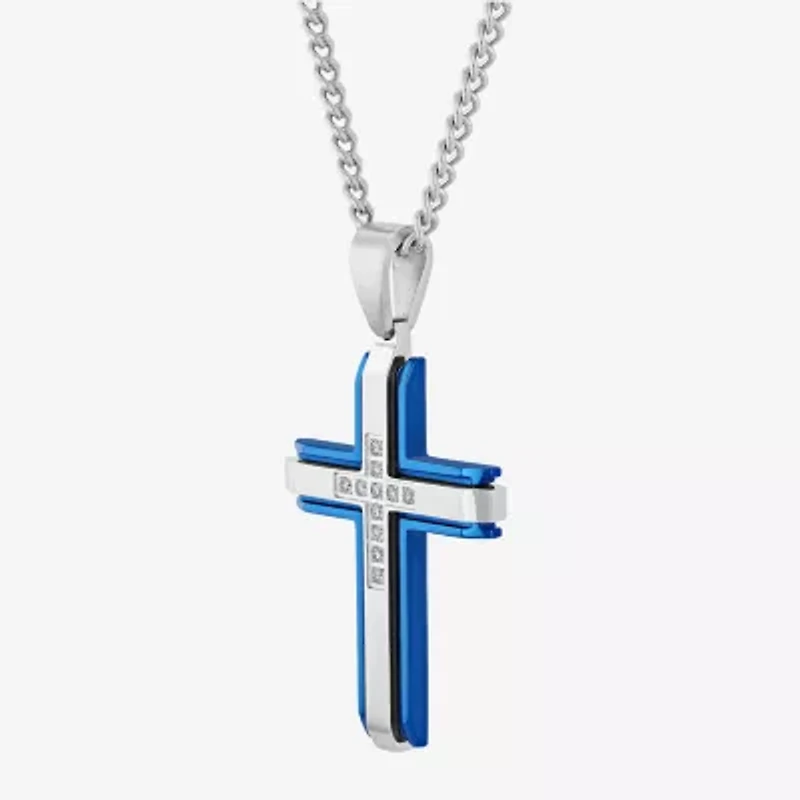 (G-H / I1) Mens 1/5 CT. Lab Grown White Diamond Stainless Steel Cross 24 Inch Pendant Necklace