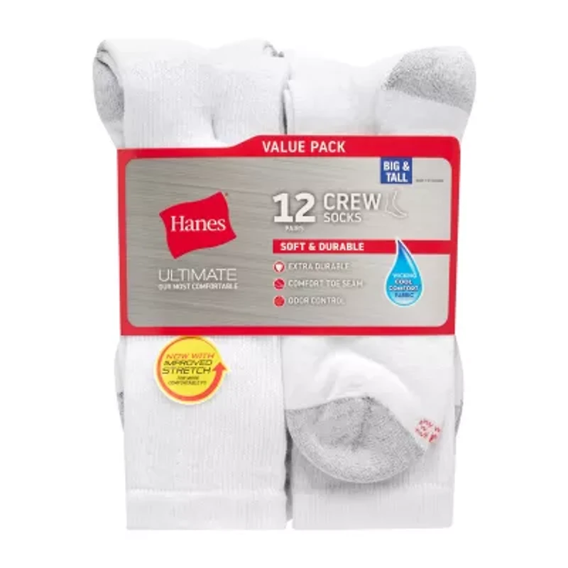 Hanes Ultimate Mens 12 Pair Big and Tall Crew Socks