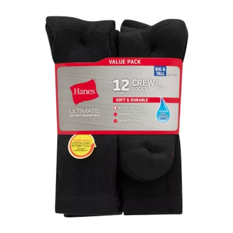 Hanes Ultimate Mens 12 Pair Big and Tall Crew Socks