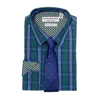 Nick Graham Mens Spread Collar Long Sleeve Stretch Fabric Shirt + Tie Set Fitted