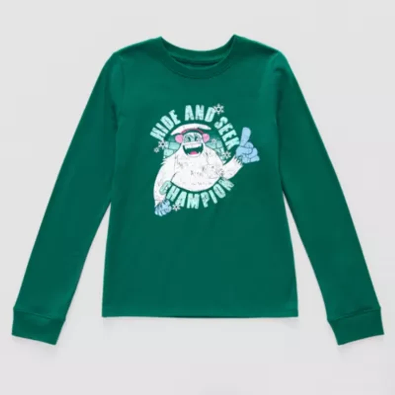 Thereabouts Little & Big Kid Girls Round Neck Long Sleeve Regular Fit Graphic T-Shirt