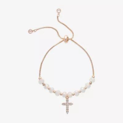 Bijoux Bar Rose Tone Womens Glass Cross Bolo Bracelet