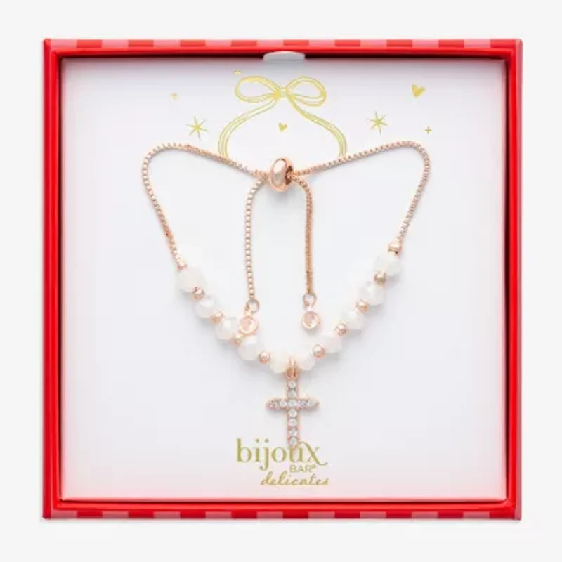 Bijoux Bar Rose Tone Womens Glass Cross Bolo Bracelet