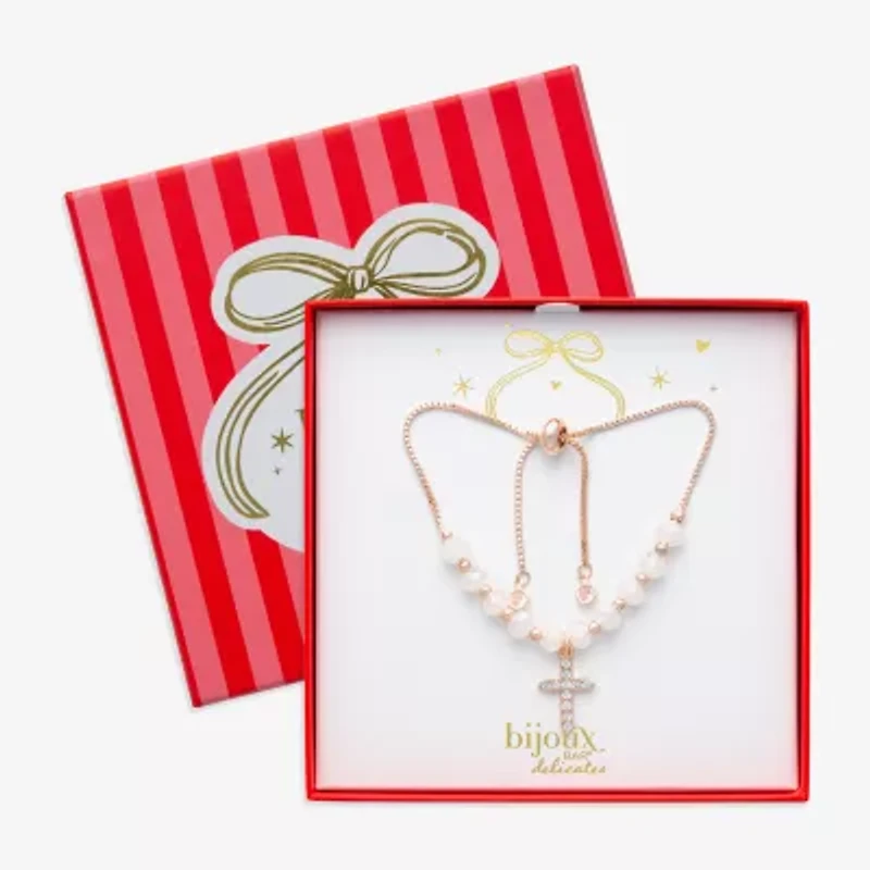 Bijoux Bar Rose Tone Womens Glass Cross Bolo Bracelet