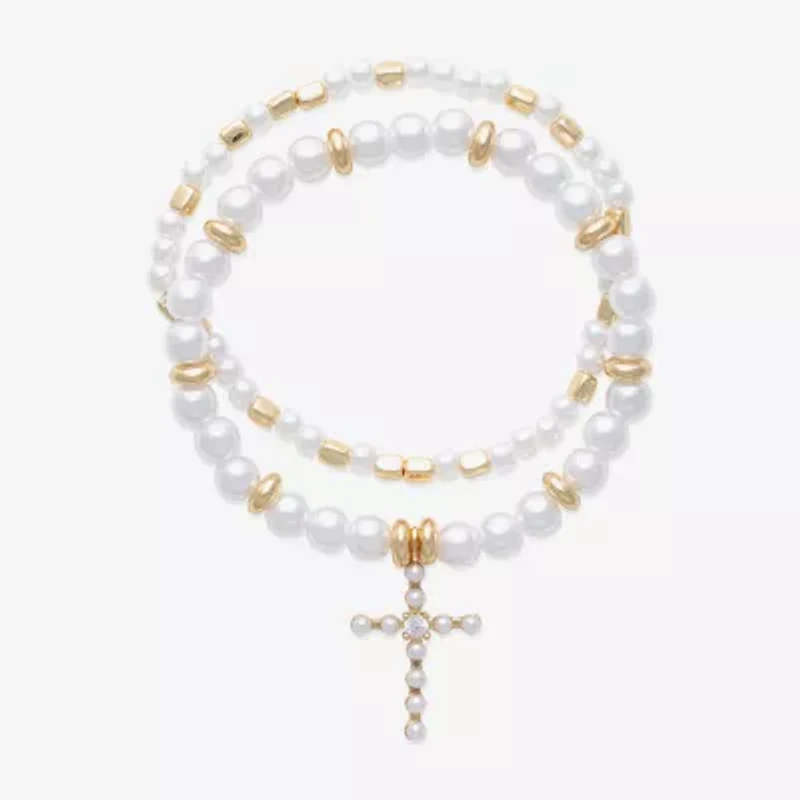 Bijoux Bar Gold Tone Womens Cubic Zirconia Simulated Pearl Cross Stretch Bracelet