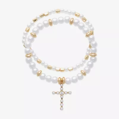 Bijoux Bar Gold Tone Womens Cubic Zirconia Simulated Pearl Cross Stretch Bracelet