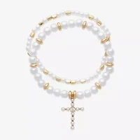Bijoux Bar Gold Tone Womens Cubic Zirconia Simulated Pearl Cross Stretch Bracelet