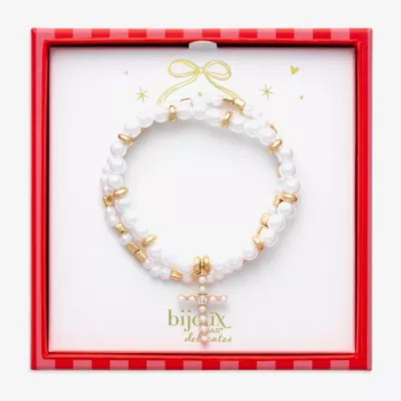 Bijoux Bar Gold Tone Womens Cubic Zirconia Simulated Pearl Cross Stretch Bracelet