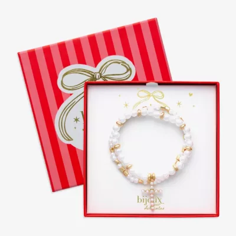 Bijoux Bar Gold Tone Womens Cubic Zirconia Simulated Pearl Cross Stretch Bracelet