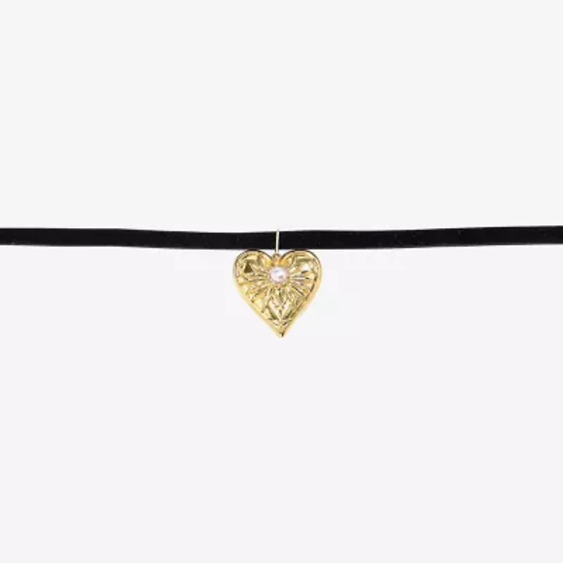 Bijoux Bar Womens Glass Simulated Pearl Heart 14 Inch Choker Necklace