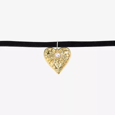 Bijoux Bar Womens Glass Simulated Pearl Heart 14 Inch Choker Necklace