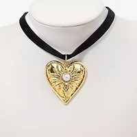 Bijoux Bar Womens Glass Simulated Pearl Heart 14 Inch Choker Necklace