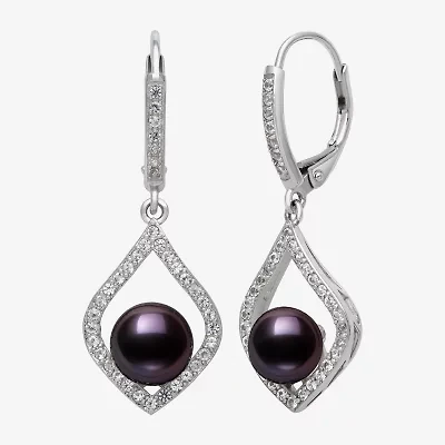 Womens Black Cultured Freshwater Pearl Sterling Silver Drop Earrings