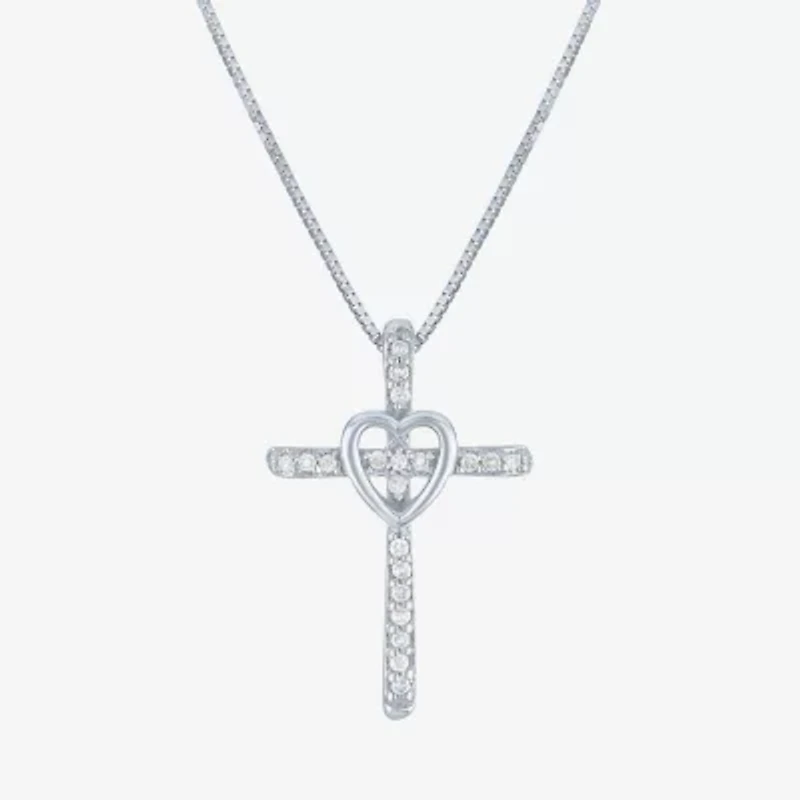 Womens Diamond Accent Natural White Diamond 10K White Gold Cross 18 Inch Pendant Necklace