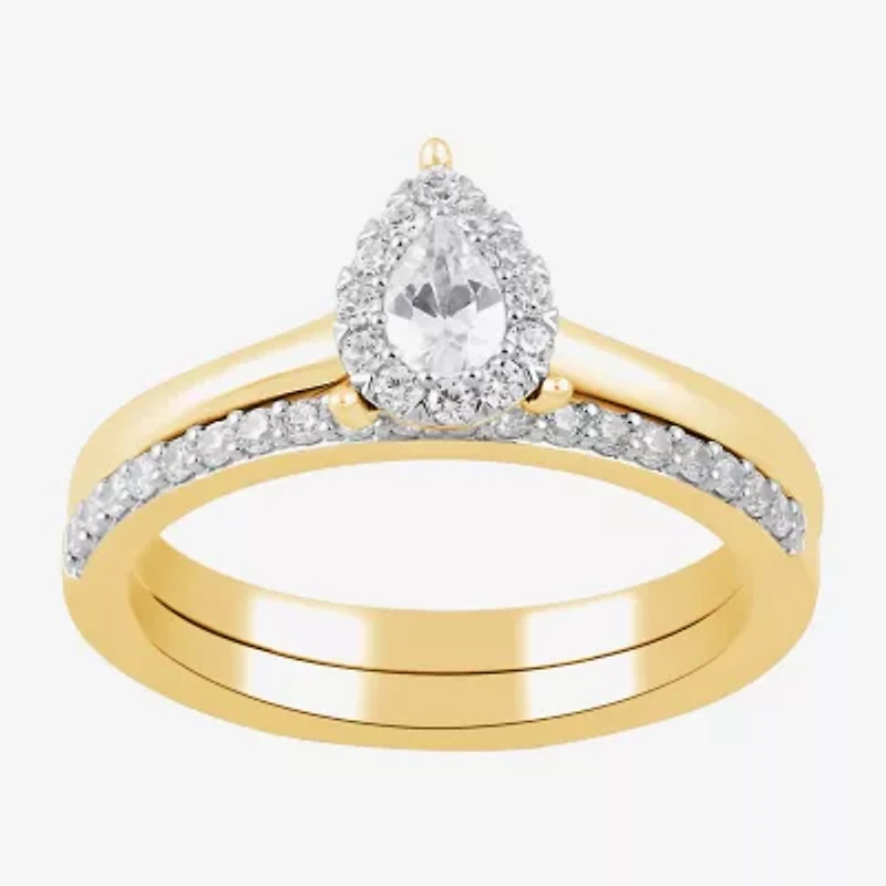 H, I1-I2 Womens 1/2 CT. T.W. Lab Grown White Diamond 14K Gold Over Silver Pear Halo Bridal Set