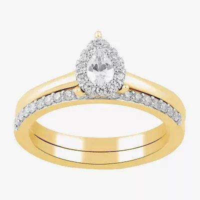 H, I1-I2 Womens 1/2 CT. T.W. Lab Grown White Diamond 14K Gold Over Silver Pear Halo Bridal Set