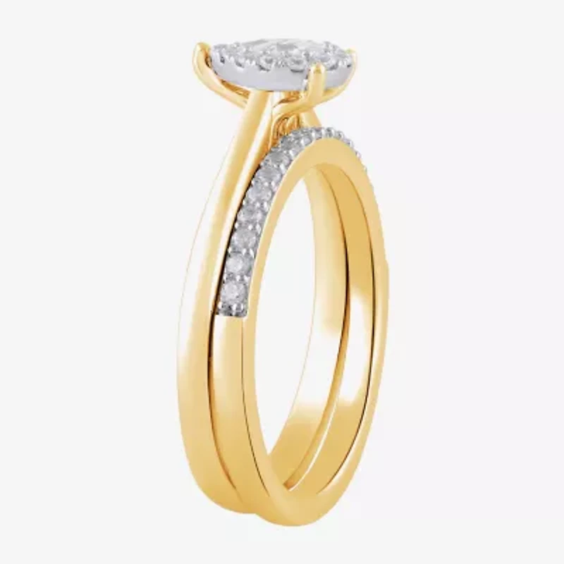 H, I1-I2 Womens 1/2 CT. T.W. Lab Grown White Diamond 14K Gold Over Silver Pear Halo Bridal Set