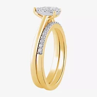 H, I1-I2 Womens 1/2 CT. T.W. Lab Grown White Diamond 14K Gold Over Silver Pear Halo Bridal Set