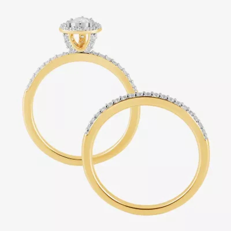 (H / I1-I2) Womens 5/8 CT. T.W. Lab Grown White Diamond 14K Gold Over Silver Pear Side Stone Halo Bridal Set