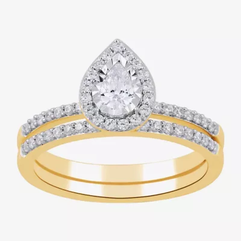 (H / I1-I2) Womens 5/8 CT. T.W. Lab Grown White Diamond 14K Gold Over Silver Pear Side Stone Halo Bridal Set