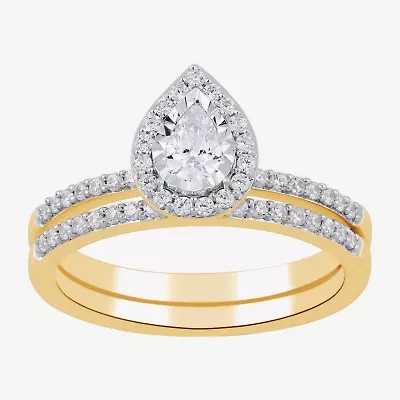 (H / I1-I2) Womens 5/8 CT. T.W. Lab Grown White Diamond 14K Gold Over Silver Pear Side Stone Halo Bridal Set