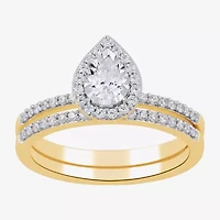 (H / I1-I2) Womens 5/8 CT. T.W. Lab Grown White Diamond 14K Gold Over Silver Pear Side Stone Halo Bridal Set
