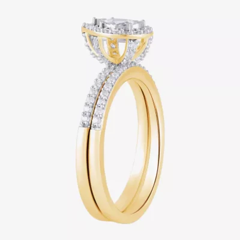 (H / I1-I2) Womens 5/8 CT. T.W. Lab Grown White Diamond 14K Gold Over Silver Pear Side Stone Halo Bridal Set