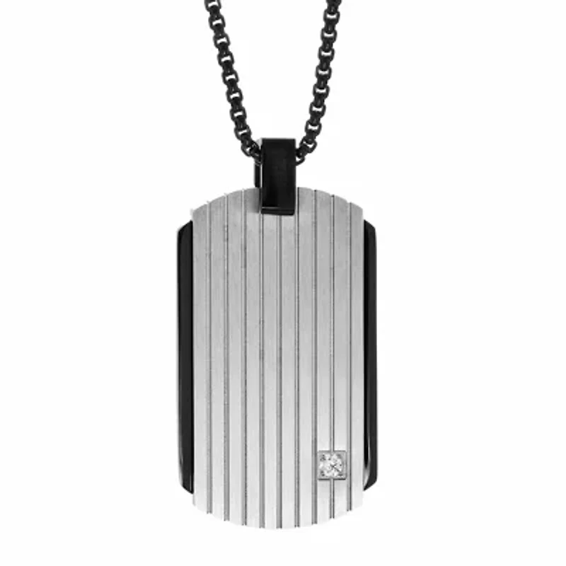 Mens White Cubic Zirconia Sterling Silver Dog Tag 24 Inch Pendant Necklace