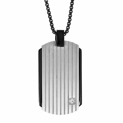 Mens White Cubic Zirconia Sterling Silver Dog Tag 24 Inch Pendant Necklace