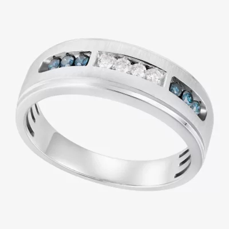 Mens 1/4 CT. T.W. Natural Blue Diamond 10K White Gold Wedding Band