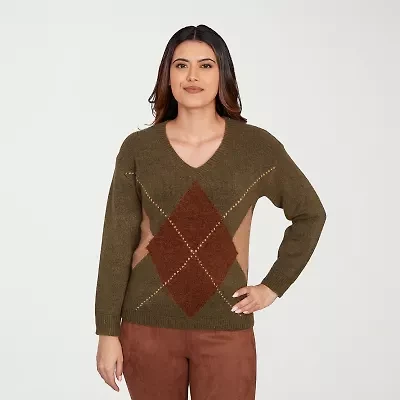 Hearts Of Palm Womens V Neck Long Sleeve Argyle Pullover Sweater
