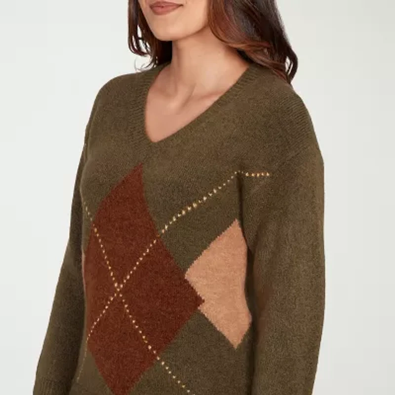 Hearts Of Palm Womens V Neck Long Sleeve Argyle Pullover Sweater