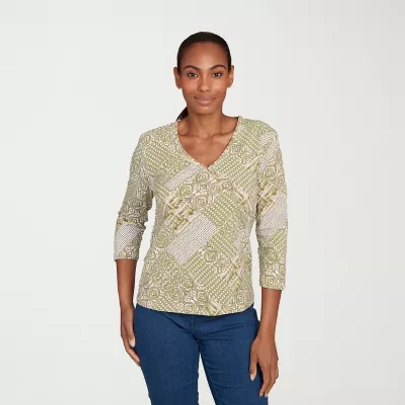 Hearts Of Palm Womens V Neck 3/4 Sleeve Petite T-Shirt
