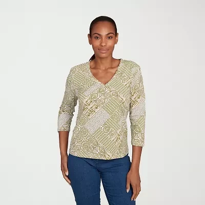 Hearts Of Palm Womens V Neck 3/4 Sleeve Petite T-Shirt