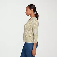 Hearts Of Palm Womens V Neck 3/4 Sleeve Petite T-Shirt