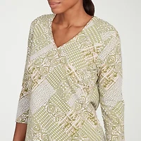 Hearts Of Palm Womens V Neck 3/4 Sleeve Petite T-Shirt