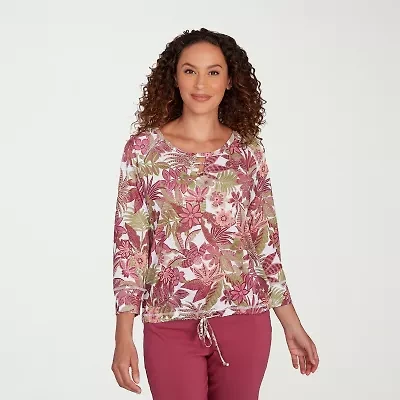 Hearts Of Palm Womens Round Neck 3/4 Sleeve Petite T-Shirt